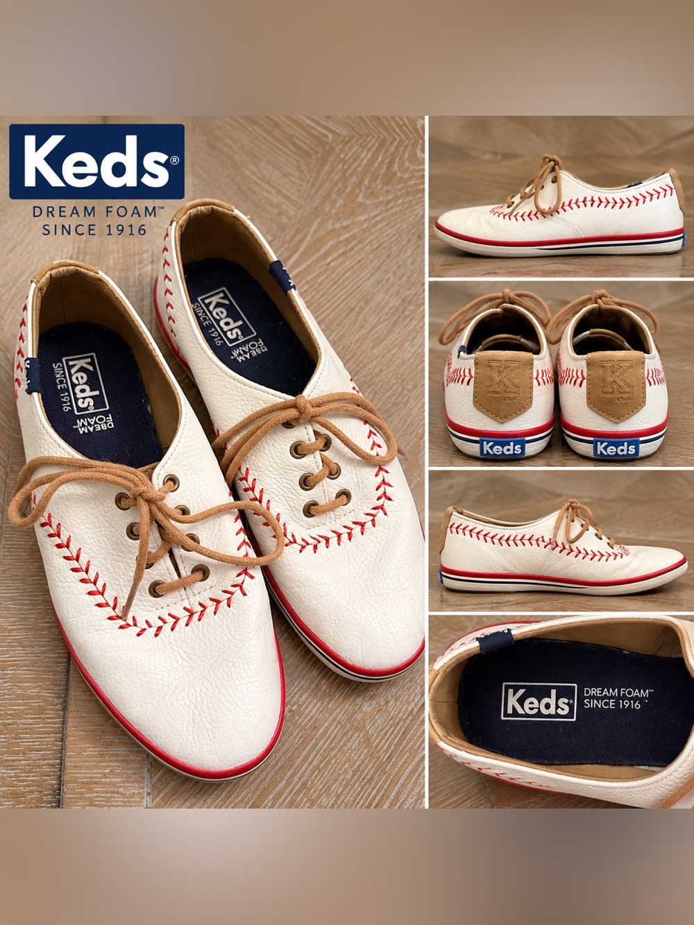 KEDS White Leather Baseball Stitch Sneakers Red Tan Lace Up Dream Foam 6.5
